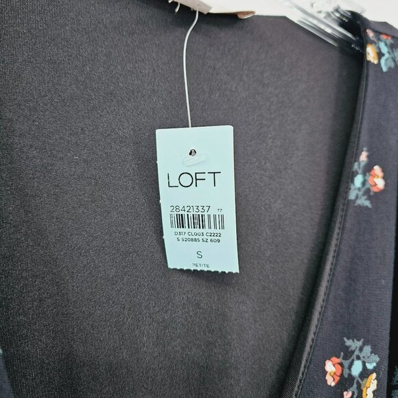 Loft Petites True Wrap Dress SP Black Colorful Floral Petaled Long Sleeve New - Picture 6 of 12
